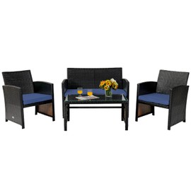 COSTWAY 4 Piece Patio Furniture Set, Outdoor PE Rattan Wicker Sectional Sofa with Cushion and Coffee Table, Patio Conversation Sets for Balcony Lawn Porch Patio Backyard Garden Poolside, Navy
