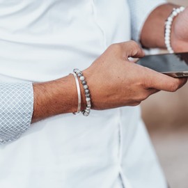 Nato Cuff - 925 Sterling Silver Bracelet - Jasper Beads Semi-Precious Stones - Men's and Women's Jewellery Handmade in France, Sterling Silver, Jasper