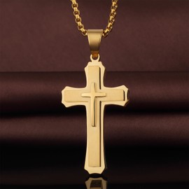 Jiahanzb Men's Cross Necklace Stainless Steel Cross Pendant Large Jesus Christ Necklace 316L Stainless Steel Cross Necklace for Men Yellow Gold Large Cross Necklace for Men Cross Jewelry 24 Inch