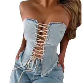 ZGMYC Women's Strapless Criss Cross Denim Corset Tube Top Sexy Hollow Out Lace Up Bustier Jean Camisole Shapewear