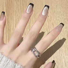 Black French Tip Press on Nails Short Square Fake Nails Cat Eye Acrylic False Nails Glossy Glitter Glue on Nails Nature French Nails Press on Stick on Nails for Women Girls Manicure 24pcs