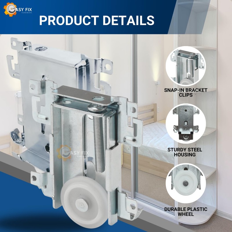 Easy Fix Hardware Steel-Framed Mirror Bottom Closet Door Roller Assembly