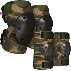 Paclord Tactical PRO Set of Knee Pads and Elbow Pads, Medium Size, Woodland Camo, 1 Pair - Complete Multi-Level Protection - Hard Cap & Adjustable Grip for Free Movement, Made in USA