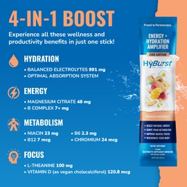 Hyburst Hyburst Electrolytes Powder Packets, Hydration Amplifier + Energy, Vitamins D3 K2 & B6 B12, L-Theanine, Cane Sugar, Caffeine Free Energy Drink Powder | Peach Mango, 15 Pack