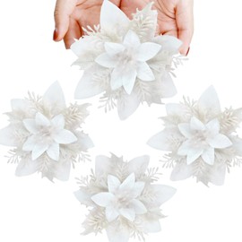 GREENTIME 12 Pcs Glitter Poinsettia 5.5" Artificial Flowers Christmas with Clips Stems Xmas Tree Ornaments for Wedding Party Wreath Decoration (White)