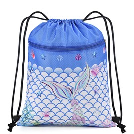 BOENFU Mermaids Drawstring Bags, Waterproof String Swim PE Bag, Large Drawstring Backpack with Outside Zipper and Hidden Inner Pocket for School Gym Traveling Swimming Party Picnic