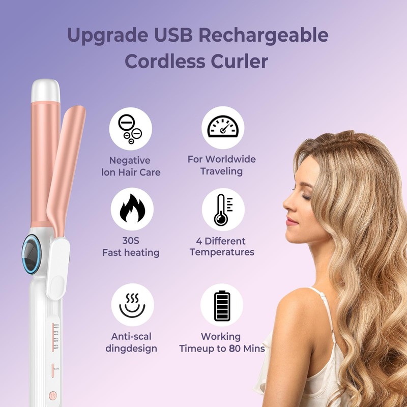 Cordless Curling Iron 9000 mAhUSB Rechargeable, 4 Temps Setting Cordless