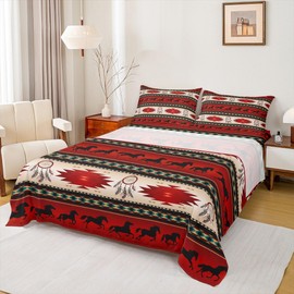 Erosebridal Horse Fitted Sheet Dream Catchers Sheet Set for Cowboy Cowgirl,Southwestern Native Aztec Horses Bed Sheets Bohemian Tribe Flat Sheet Full Size Farmhouse Wildlife Bedroom Decor,Red