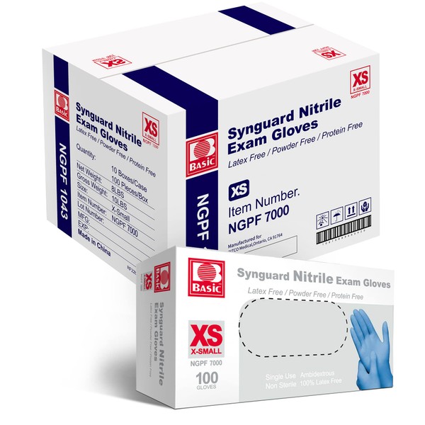 Basic Medical Blue Nitrile Exam Gloves, XS - Latex-Free & Powder-Free - NGPF-7000(Case of 1,000), X-Small