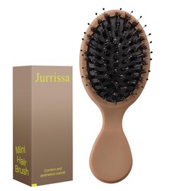 Jurrissa Mini Hair Bursh for Women,Men,Kids-Protable Travel Size Mini Detangler Brush for Pockets,Purses-Nylon&Boar Bristles Small Paddle Brush for Smooth,Add Shine(Mocha)
