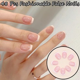 48 PCS French False Nails Pink White Tip Short Square Press on Nails Full Cover Stick on Nails with Designs Elegant Touch Fake Nails Women Girls Nail Art Accessories White French Press Nails