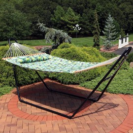 Sunnydaze 2-Person Quilted Printed Fabric Spreader Bar Hammock and Pillow - Large Modern Cloth Hammock with Metal S Hooks and Hanging Chains - Heavy Duty 450-Pound Weight Capacity - Tropical Greenery