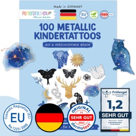 Papierdrachen 100 Metallic Tattoos for Sticking, Skin-Friendly Children's Tattoos, Sun, Moon and Stars, Glitter Tattoo, as Birthday Party Bags, Vegan, Made and Tested in Germany