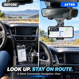 Rearview Mirror Phone Holder for Car, Adjustable Navigation Phone Mount with Spring Grip, Rotating Bracket & Padded Clips, Black  Copy Title