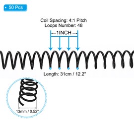 PATIKIL 13mm(1/2") Plastic Spiral Binding Coils, 50 Pcs Binding Spirals 105 Sheet Capacity 4:1 Pitch Binding Spirals for Binding Paper Sheets, Black