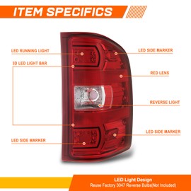 PM PERFORMOTOR LED Tail Light Assembly Rear Taillamp with Brake Light Side Marker Compatible with 2007-2014 Chevy Silverado 1500 2500 3500 HD, Chrome Housing/Red Lens