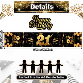 Deko 21. Geburtstag Mann Schwarz Gold Tischläufer Geburtstag 21 Happy 21st Birthday Tischband für 21 Jahre Alte Frauen Ihn Ihr Jahrestag Feier Party Dinner Tisch Leinen Table Dekoration, 180x35 cm