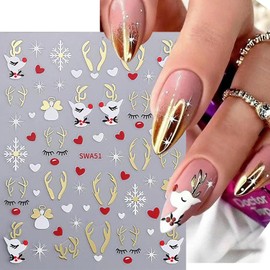 LOPMNGHT 8 Sheets Christmas Nail Art Stickers 3D Self-Adhesive Snowflake Nail Art Decal Cute Elk Santa Hat Love Heart Design Nail Decoration Nail Art Supplies for Women Winter Festival Nails