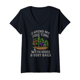 Womens Funny I Spend Free Time with Hoes & Dirt Bags Gardening V-Neck T-Shirt