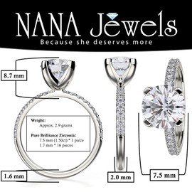 NANA Silver 7.5mm (1.5ct) Round Cut Zirconia Solitaire Engagement Ring-Platinum Plated-Size 10.5