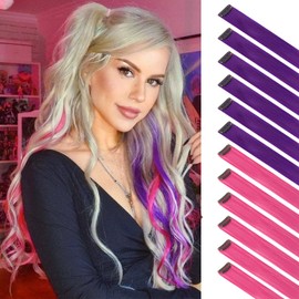 FESHFEN Farbige Haarverlängerung, 12 PCS Rose Lila Haarteil für Damen Synthetik Party Highlight Bunte Glatte Haarverlängerungen Clip in Haarteil für Frauen, 55cm