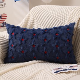 DFXSZ 4th of July Pillow Covers 12x20 inch 4th of July Decor Red Embroidery Star Decoration Blue Soft Plush Faux Fur Jacquard Throw Pillows Independence Day Decorations for Home Sofa PTK031A12