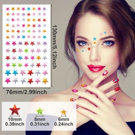 PAGOW 4 Sheets Star Face Gem Stickers, Adhesive Acrylic Face Jewelry, Multicolor Star Hair Gems Stick on, Festival Accessories for Women Nose Ear Eyes Eyebrow Make Up (6mm 8mm 10mm)