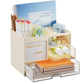 Marbrasse Desk Organizer with 3 Drawer, Multi-Functional Pencil Pen Holder for Desk, Desk Organizers and Accessories with 4 Compartments, Desktop Organizer Storage for Office Home Art Supplies(Beige)