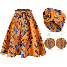 3 Pcs Women African Dashiki Skirt Traditional Costume African Bohemian Head Wrap Scarf Drop Dangle Earring (X-Large)