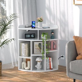 VECELO 3-Tier Corner Cabinet with Adjusting Shelves, Triangle 8 Cubes Storage Organizer with USB Charging Station,Corner Bookshelf for Bedroom&Living Room Home Office, Pearl White