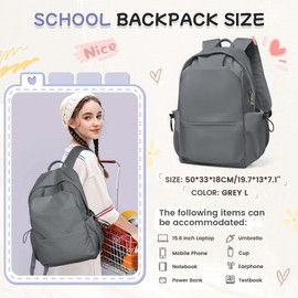 HYC00 School Backpack Womens, Causal Travel School Bags 15.6 Inch Laptop Backpack for Teenage Girls Lightweight Rucksack Water Resistant Bookbag College Boys Men Work Daypack,Grey L