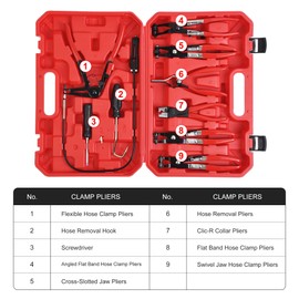 9pcs Hose Clamp Pliers for Fuel Oil and Water Hoses, Long Reach Hose Clamp Remover Kit with Flexible Wire Clic R Type Swivel Jaw Flat Band Pliers