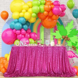 QueenDream Tablecloth Hot Pink Birthday Decorations: 90x90 Inch Sequin Tablecloth Drapes Glitter Fabric Wedding Party Table Overlay
