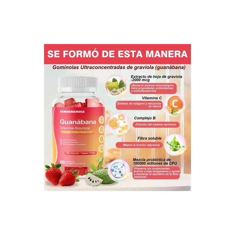 Guanabana Extracto Orgánico Con Vitamina C Gomitas Veganas Fresa