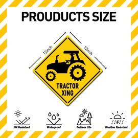 BTHUKO New Metal Tin Sign Tractor Xing Caution Crossing Sign, Farmer Tractor Gift for Indoor/Outdoor Wall Decor 12x12 Square Sign