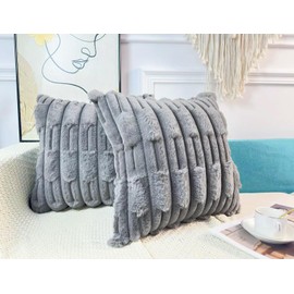 DRNOU Set of 2 Grey Faux Fur Throw Pillow Covers 20 x 20 Inch,Plush 3D Stripted Pattern Decorative Boho Pillow Cover Case Cushion Cover for Sofa Couch Bed Livingroom Farmhouse,Modern Accent