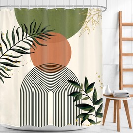 Mitpok Green Boho Shower Curtain 60Wx72H Abstract Bohemian Modern Leaves Mid Century Minimalist Contemporary Plant Bathroom Decor Simple Neutral Bath Curtain Fabric Polyester 12 Pack Hooks