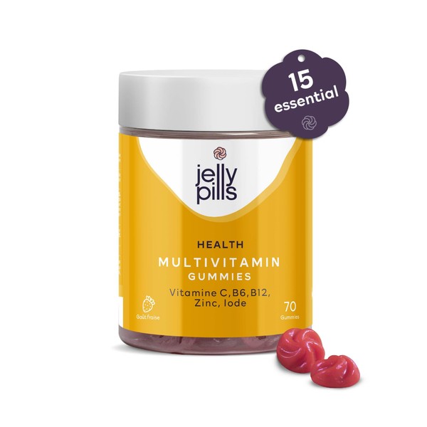 Jelly Pills® Multivitamines et minéraux 70 gummies pour adultes - Sans sucres ajoutés - Arôme de fraise 5 semaines - Avec toutes les vitamines A B C D E Biotine Acide folique Zinc Iode Magnésium