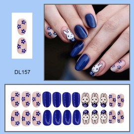 Easter Press on Nails Blue Medium Almond Fake Nails with Bunny Design Cute Rabbit Nails Press ons, Flower False Nails Glossy Reusable Spring Nails for Women Girls Manicure 24pcs