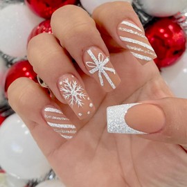 Christmas White French Tip Press on Nails Medium Square Fake Nails with White Bow Designs Snowflake False Nails Winter Xmas Gift Glue on Nails Holiday Artificial Stick on Nails for Women Girls 24Pcs