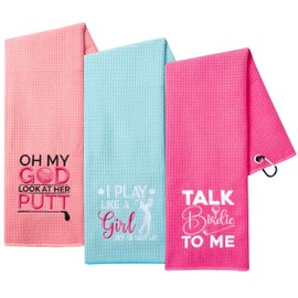A1DIEE Microfibre Absorbent Golf Towel - 3pcs Women Pink Clean Golf Ball Towels Embroidery Pattern Golf Towels with Carabiner Clip for Golf Bags Sport Gift Accessories for Mama Wife Golfers