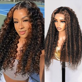 Highlight Deep Wave Lace Front Wigs Human Hair 20 Inch 13x6 HD Transparent Lace Front Wigs 200 Density 1/30 Ombre Brown Curly Wig for Women Pre Plucked with Baby Hair