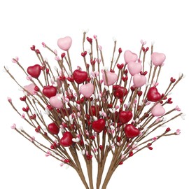 ACRYCS 4 Pcs Valentines Day Decor Artificial Flowers Berry Stems Valentine’s Day Picks Artificial Berry Flower with Pink Red Hearts Valentine Floral Picks for Table Centerpiece Anniversary Wedding