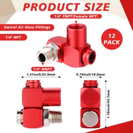 Otoolling 12 Packs 1/4 Inch NPT 360 Degree Swivel Air Hose Connectors, Industrial Air Hose Fittings and Portable Compressor Tool Fittings (Red)