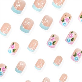 Spring Summer Flower False Nails Pink Blue French Tip Press on Nails Short Square Fake Nails Mirror Acrylic Glue on Nails for Women Girls