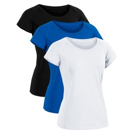 CADMUS Women's Workout shirts for Running Yoga Tee Shirts Dry Fit,3 Pack,2501,Black & Blue & White,Medium