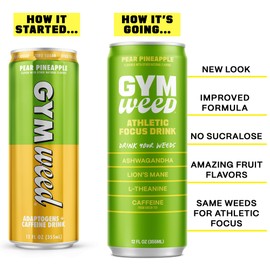 GYM WEED Athletic Focus Drink with KSM-66 Ashwagandha, Lion's Mane Mushroom, L-Theanine, 200mg Green Tea Caffeine with Natural Sweeteners Pear Pineapple Flavor, 12 Pack
