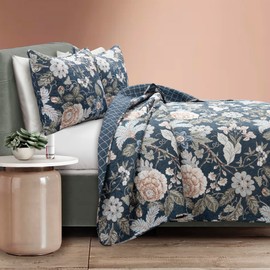 Lush Decor Sydney Reversible Cotton Quilt Navy/Multi 3 Piece Set King - Soft Lightweight Printed Floral Bedding Set for All Season