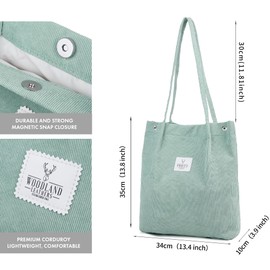 Woodland Corduroy Shoulder And Tote Bags For Women, Handbags For Women Girls Large Capacity Bag With Inner Pocket, Lightweight, Foldable Bag Perfect as Schoolbag, Shopping, Travel (Light Green)