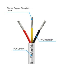 100FT 16 Gauge Wire 3 Conductor, 16AWG Electrical Wire, 16/3 Oxygen Free Stranded Tinned Copper Wire, Insulated Low Voltage Cable for LED Lamps Lights Automotive